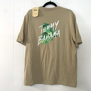 Tommy Bahama Mens Medium T Shirt Tropical Graphic Palm Leafs Biege Tan NEW *FLAW